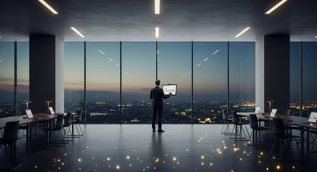 A lone figure stands silhouetted against a panoramic window in a contemporary office, gazing out at a sprawling city illuminated by twilight.の素材