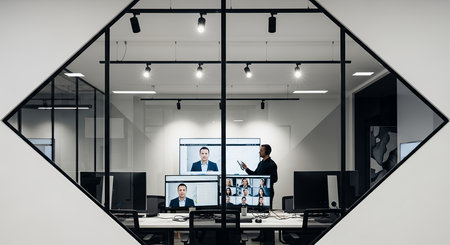 A modern office conference room featuring a video call in progress, seen through a unique diamond-shaped window. The room is well-lit and equipped with technology.の素材