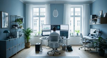 A person sits at a desk in a modern home office, working on a computer with multiple monitors. The room is well-lit and organized.の素材