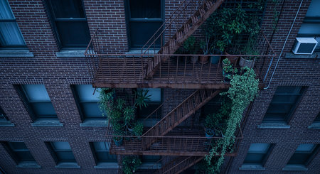 A unique perspective looking up at a brick building with a fire escape covered in lush greenery, blending urban architecture with nature.の素材