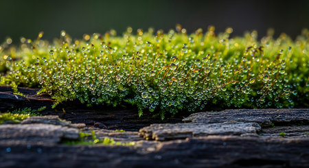 Macro view of lush moss covering textured wood, highlighting its delicate structure and natural beauty.の素材