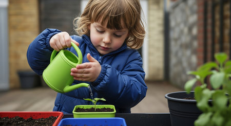 A young child carefully waters a tiny seedling with a green watering can, engaging in a gardening activity.の素材