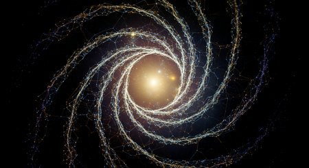 An abstract representation of a spiral galaxy, featuring a bright, glowing core at its center. Swirling trails of light, composed of numerous small, luminous particles, emanate outwards in a dynamic, rotational pattern against a dark, cosmic background, evoking a sense of deep space and celestial motion.の素材