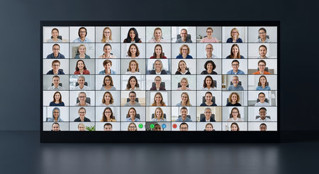 A laptop screen displaying a virtual meeting with numerous participants, showcasing the modern way of remote collaboration and communication.の素材