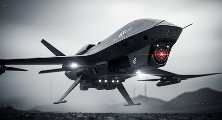 A futuristic military drone with glowing red sensors in its cockpit, captured in flight against a moody, overcast sky.の素材