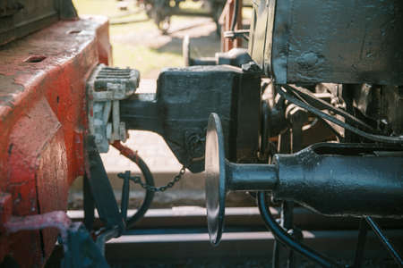 locomotive stands on the platform of the station.の写真素材