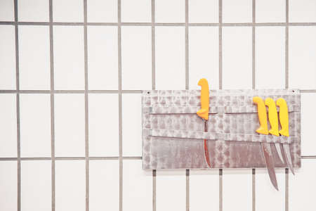 Production of meat products in the supermarket in the supermarket. Next, distribution of finished products to the stores shop for customers. Sausage, meatloaf, pate ...の写真素材