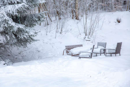 Winter scene in snowy park in a rest zone near a forest. Benches and snowmen, forest road