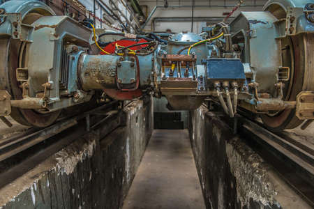 repair of tram in depot. garage equipped for service and repair of public transport