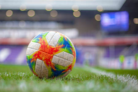 Soccer ball on the pitch before the final match two teamsの写真素材