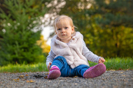 Happy baby rejoices autumn weather and playing in the meadow in the parkの写真素材