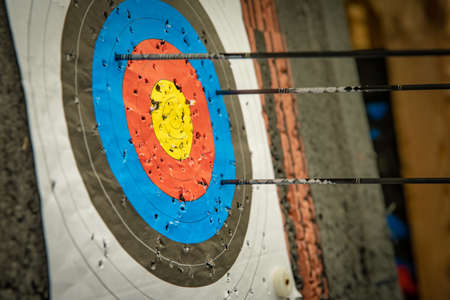 target and darts at the archery competition in the sports hallの写真素材
