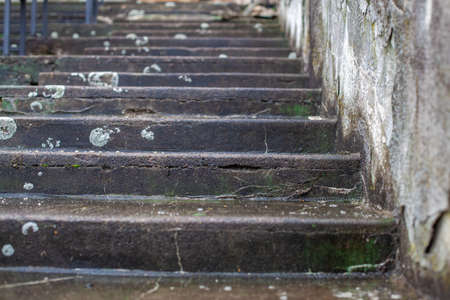 Old concrete stairs at the stadium covered in dirt and moldの写真素材