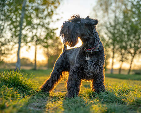 small black dog schnauzer in the park at sunrice