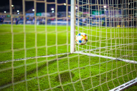 The ball flies to the soccer gate on green grassy field