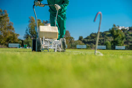 Splashing white paint on the grass to help the machine to mark the boundaries of a football field.