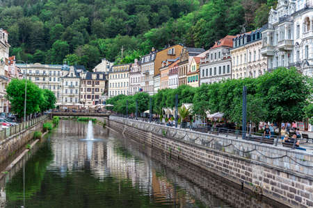 Karlovy Vary - July 7. 2020: river and promenade in the cityの写真素材