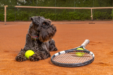 Dog on a tennis court with balls and racket