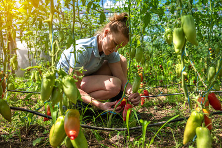 young volunteers collecting pepper in a greenhouse