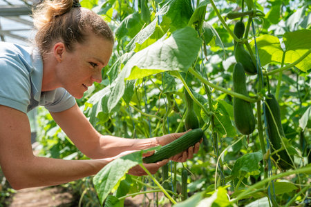 harvested cucumber on an organic farm in a greenhouseの写真素材