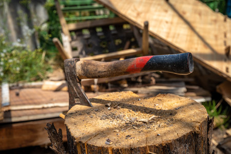 metal ax in a wooden log in the countryside