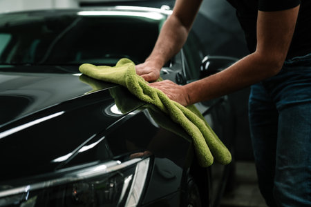 man cleans the car body with a towel. auto careの写真素材