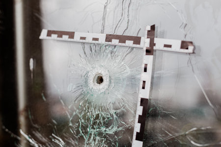 bullet holes in a glass shop window marked with a police tape