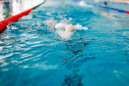Swimming to the target during the race at the poolの写真素材