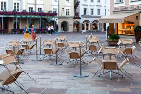 Salzburg, Austria - 11.7.2021: closed terrace restaurantのeditorial素材