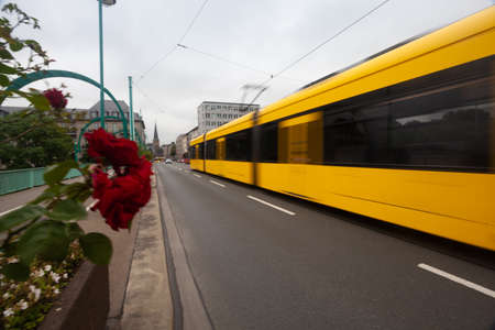tram in motion in the city streets, blurredの写真素材