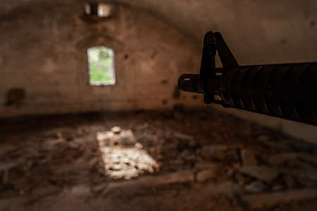 soldier training while playing paintball in the fortressの写真素材