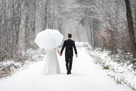 newlyweds in wedding dresses in the winter snowy forest on a walk with an umbrella
