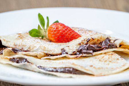 pancake with chocolate and strawberryの写真素材