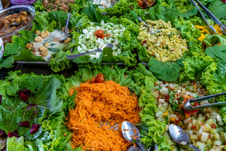 vegetable and pasta salads on the buffet table