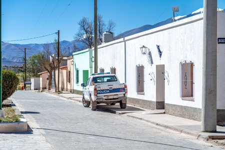 La Poma, Argentina - April 11, 2022: SUV at a police station in a mountain village in the Andes of South Americaのeditorial素材