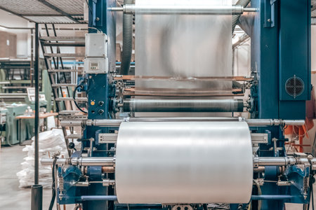 plastic roll on a machine for the production of plastic bagsの写真素材