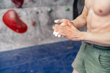 climbing magnesium on the hands of an athlete in a bouldering centerの写真素材