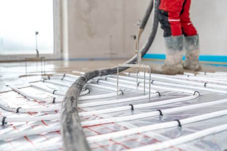 installation of liquid concrete on the floor for underfloor heatingの写真素材