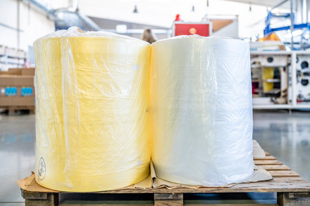 plastic rolls in the warehouse of the factoryの写真素材