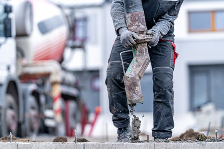 concreting from the pipe of the cement mixing carの写真素材