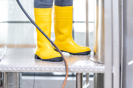 clean up in the factory in yellow rubber bootsの写真素材