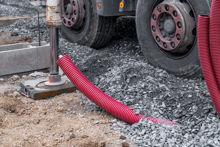 truck on a hydraulic foot at a construction siteの写真素材