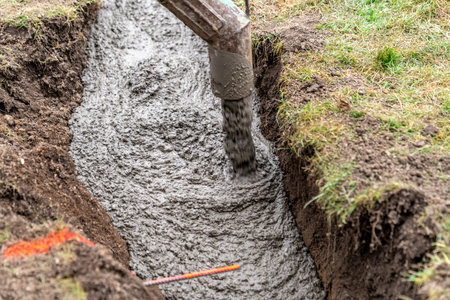 cementing the foundation in the ground when building a houseの写真素材