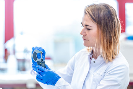 accurate mechanical measurement of the sample in a research laboratory. young caucasian woman scientist conducts researchの写真素材