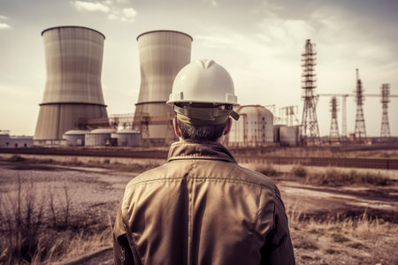 a civil engineer in a helmet looks at a nuclear power plant. energy industry. AI generated imageの素材