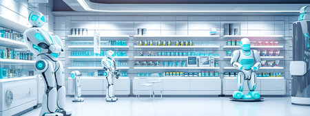 robotics pharmacy staff, healthcare concept of the future. banner with copy space. made with Generative AIの素材