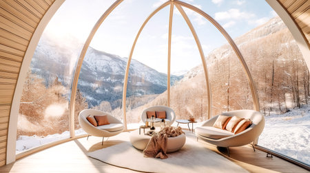 glass room with a window seat with a view of the mountain winter landscape, luxury apartment, made with Generative AIの素材