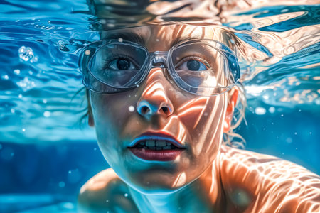 face of a young people in aqua goggles underwater, swimming in a pool, photorealistic, made with Generative AIの素材