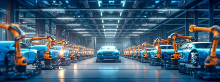 robotic car production line, photorealistic banner with copy space, wallpaper, made with Generative AIの素材