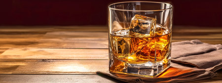 single whiskey in a glass with ice on a wooden table, banner, made with Generative AIの素材